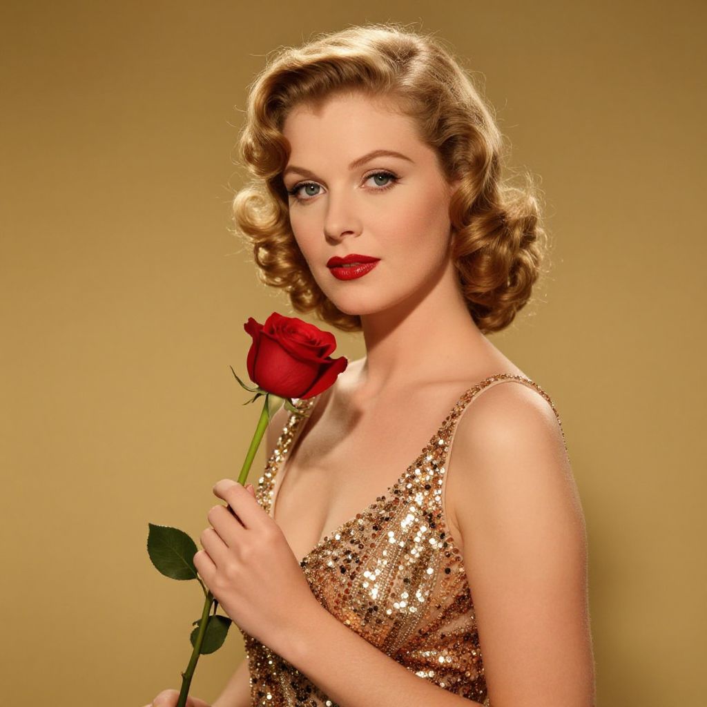 Vintage Glamour Woman Holding Red Rose in Gold Sequin Dress