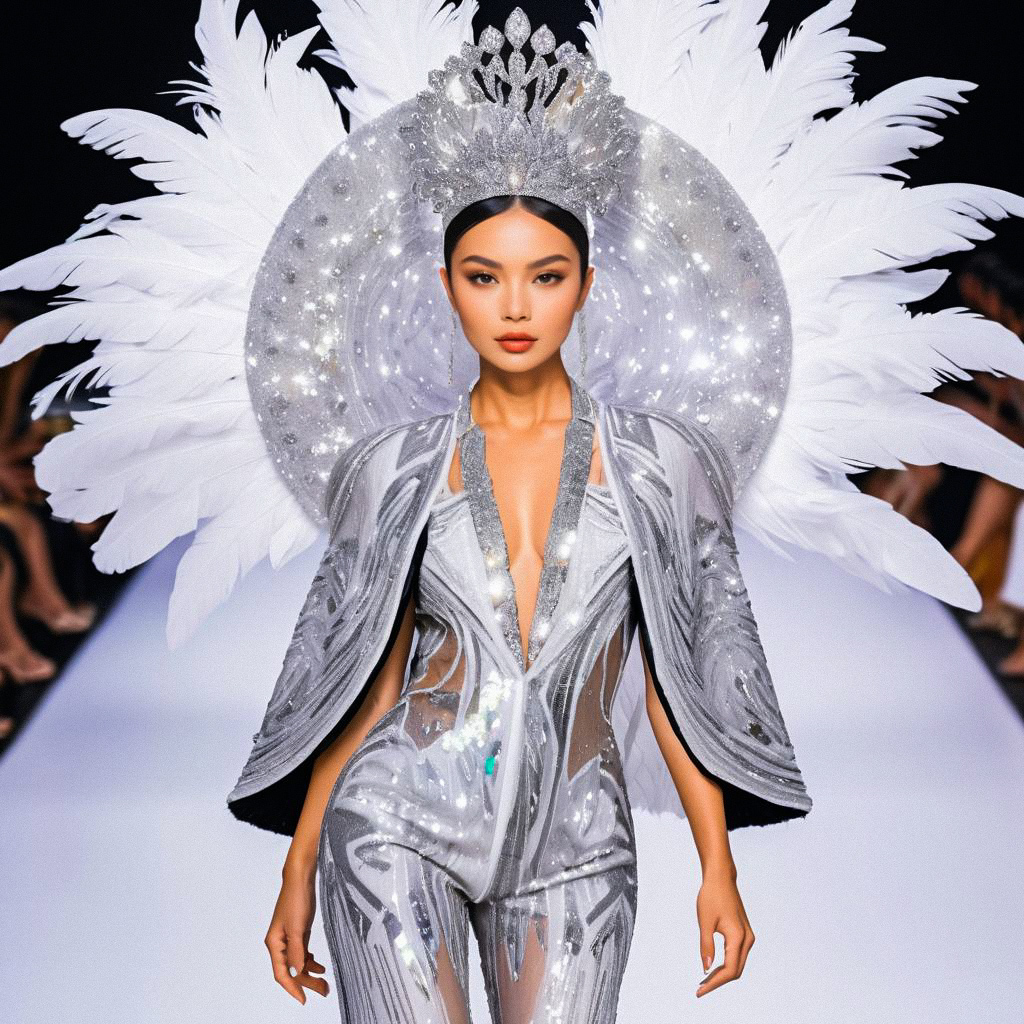 Stunning Model in Silver Bodysuit and Feathered Headdress