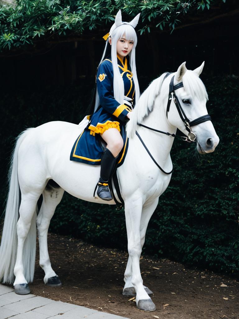 Umamusume Cosplay Woman on White Horse in Blue Yellow Outfit