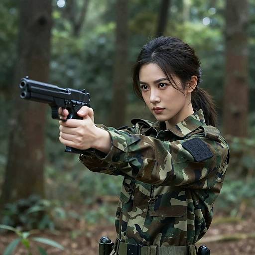 Woman in Military Camouflage Uniform Aiming Handgun in Forest