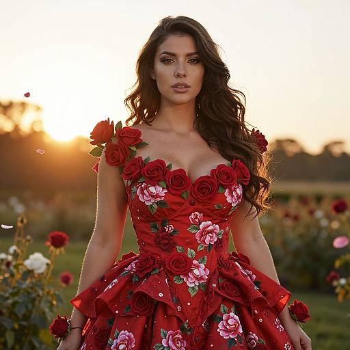Elegant Woman in Red Floral Dress with Roses at Sunset Garden