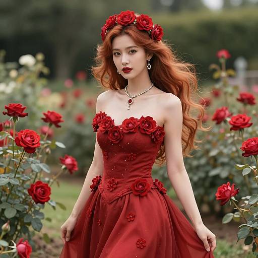 Elegant Woman in Red Rose Dress in Romantic Garden Setting