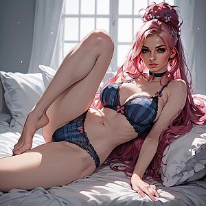 Anime Style Woman with Pink Hair in Blue Lingerie Relaxing on Bed