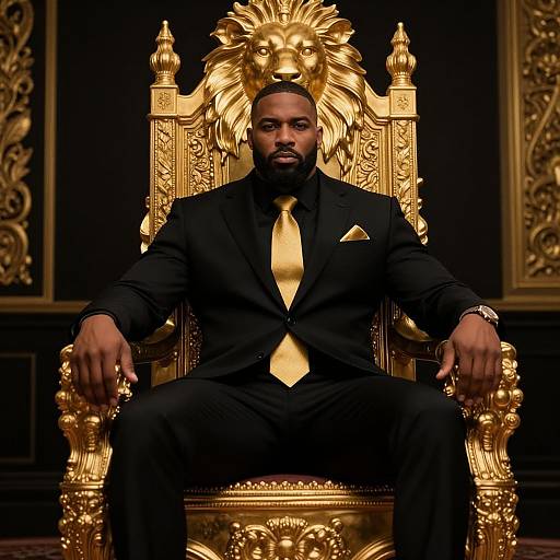 Confident Man in Black Suit Sitting on Ornate Golden Throne with Lion Motif