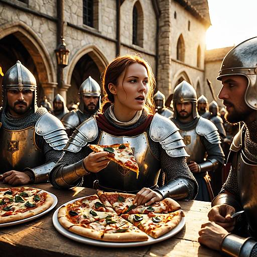 Medieval Knights in Armor Eating Pizza Outdoors