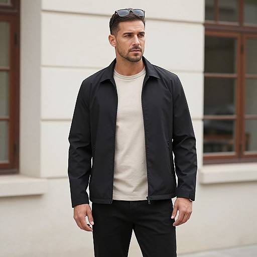 Casual Modern Man Wearing Black Jacket and Beige Shirt in Urban Setting