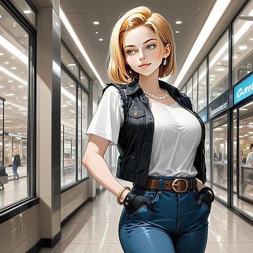 Stylish Woman in Black Vest and Blue Jeans Digital Anime Illustration