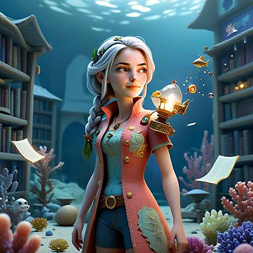 Fantasy Underwater Library Woman in Steampunk Outfit