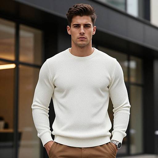 Stylish Young Man Wearing White Sweater in Urban Setting
