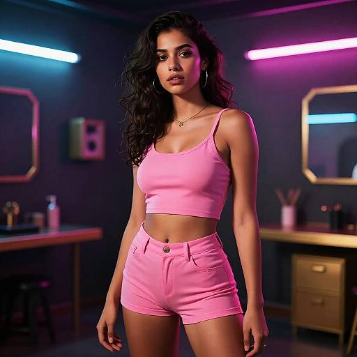 Rave Pink Outfit Woman in Neon-Lit Room Fashion Portrait