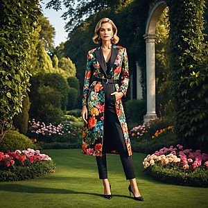 Confident Woman in Floral Coat in Lush Garden