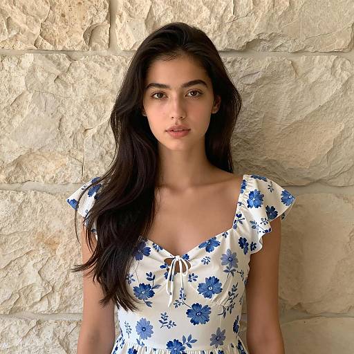 Young Woman in Blue Floral Dress Against Stone Wall - Gen Z Style