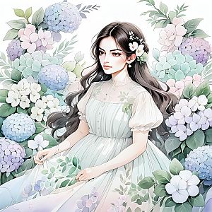 Young Woman in Elegant Dress Surrounded by Hydrangeas