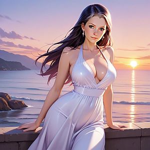 Woman in White Dress at Sunset by the Sea