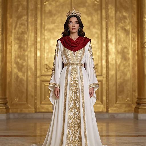 Regal Woman Wearing Traditional Embroidered Gown and Crown in Luxurious Golden Interior