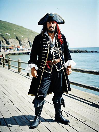 Photorealistic Man in Classic Pirate Costume Standing on Pier by the Sea