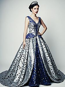 Elegant Blue and Silver Sequined Ball Gown with Polka Dots and Tiara