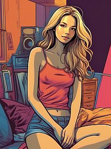 Relaxed Young Woman on Bed - Vibrant Digital Art
