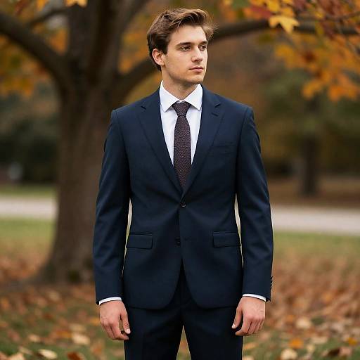 Autumn Groom in Navy Blue Suit Standing by Tree