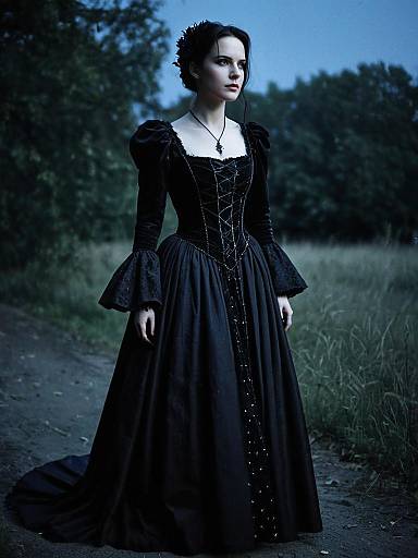 Woman in Gothic Gown Photorealistic Outdoor Portrait at Twilight