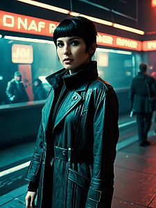 Blade Runner Joi Costume Woman in Black Leather Trench Coat Cyberpunk Style