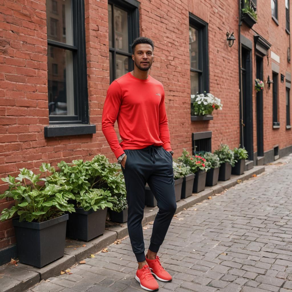 Stylish man in red sportswear on cobblestone street