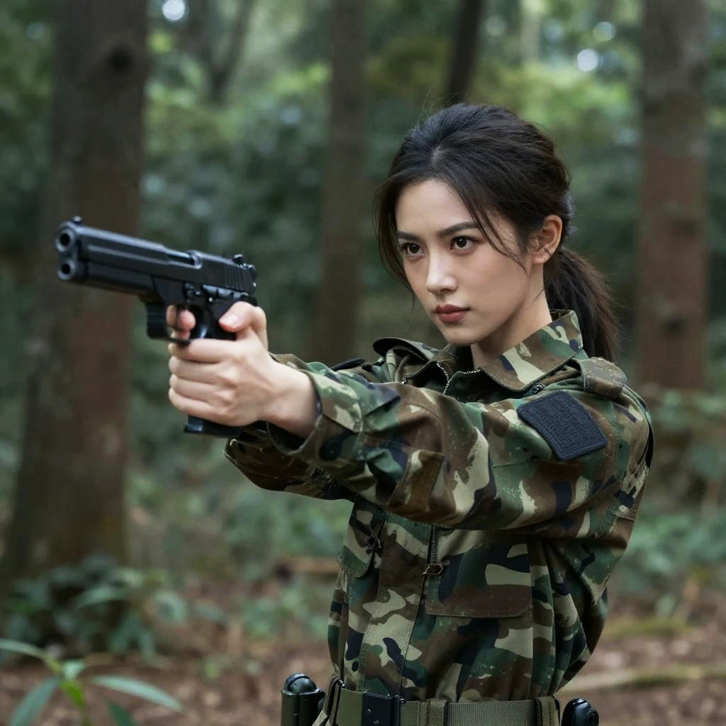 Woman in Military Camouflage Uniform Aiming Handgun in Forest