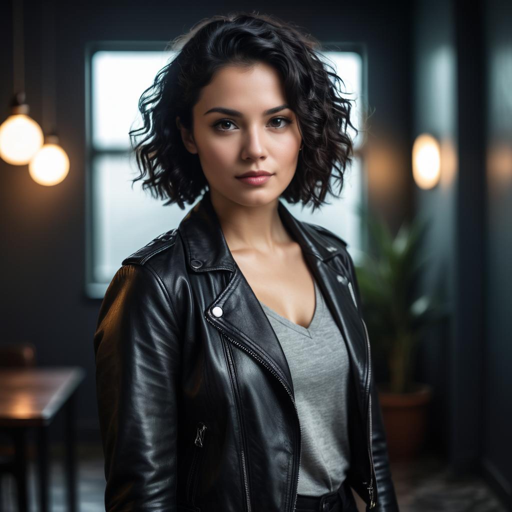Confident Young Woman in Black Leather Jacket Indoor Portrait