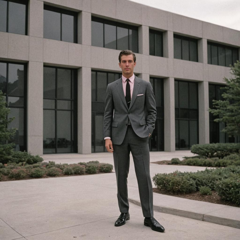 Confident Man in Gray Suit at Modern Office Building