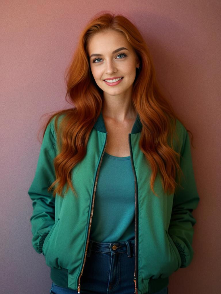 Smiling Woman in Green Bomber Jacket