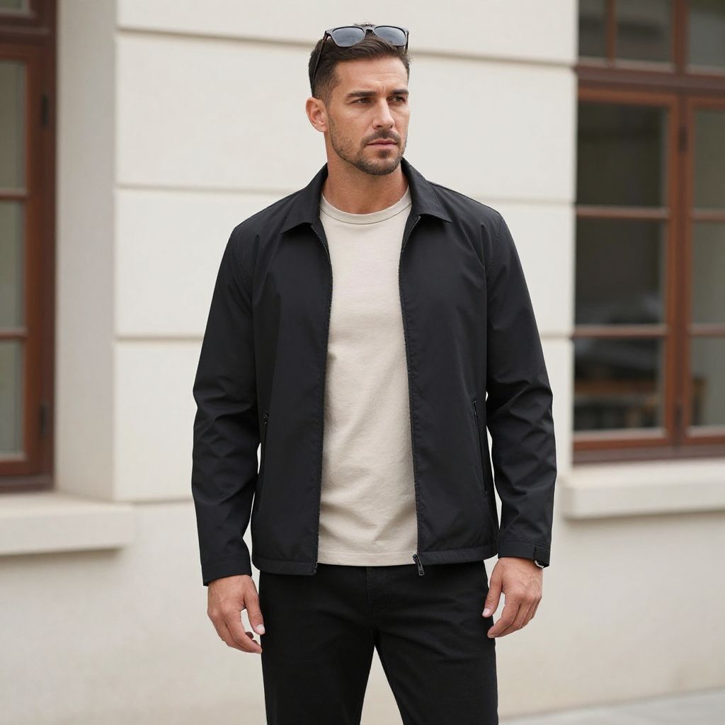 Casual Modern Man Wearing Black Jacket and Beige Shirt in Urban Setting