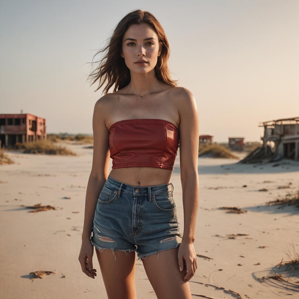 Young Woman in Red Leather Top and Denim Shorts on Deserted Beach at Sunset