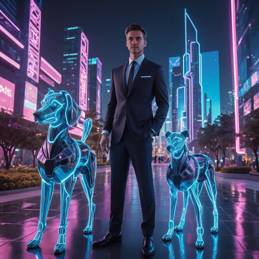 Man with Robo Dogs in Futuristic Cityscape