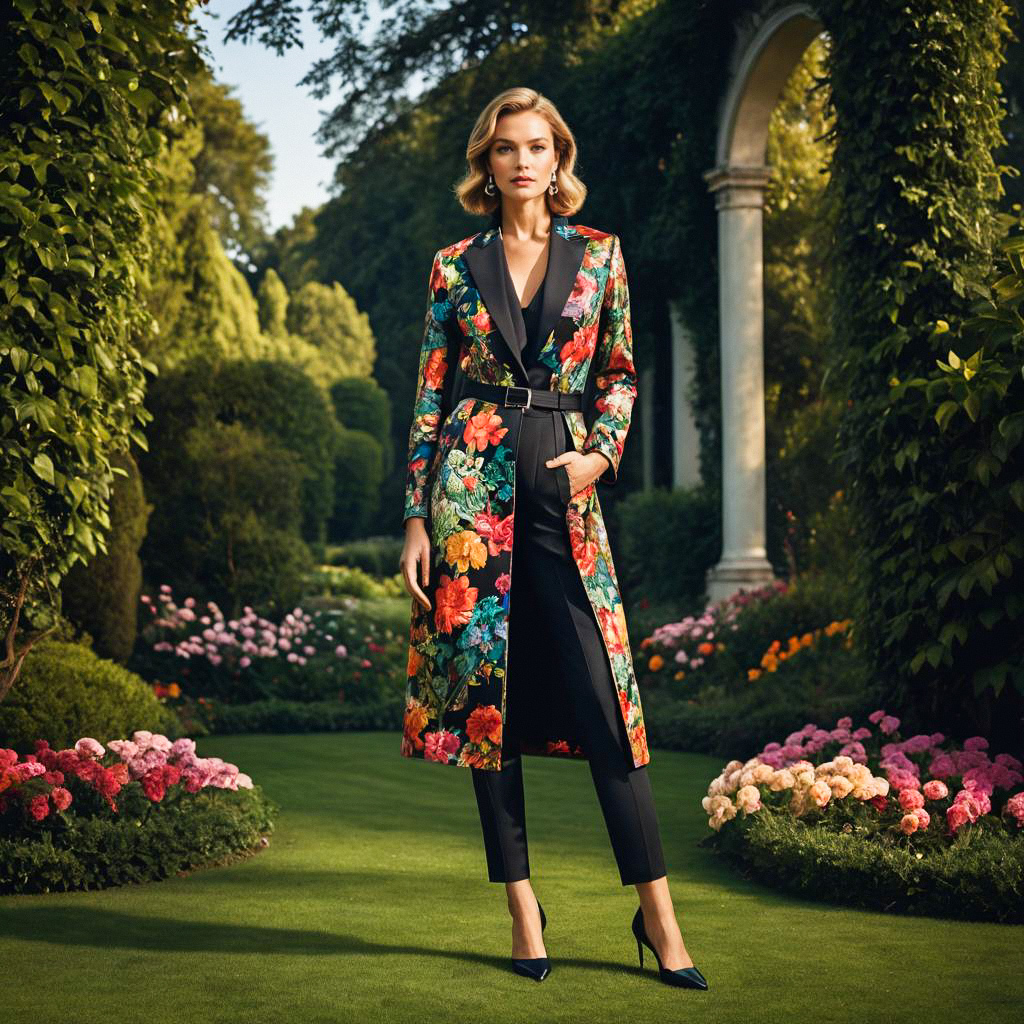 Confident Woman in Floral Coat in Lush Garden