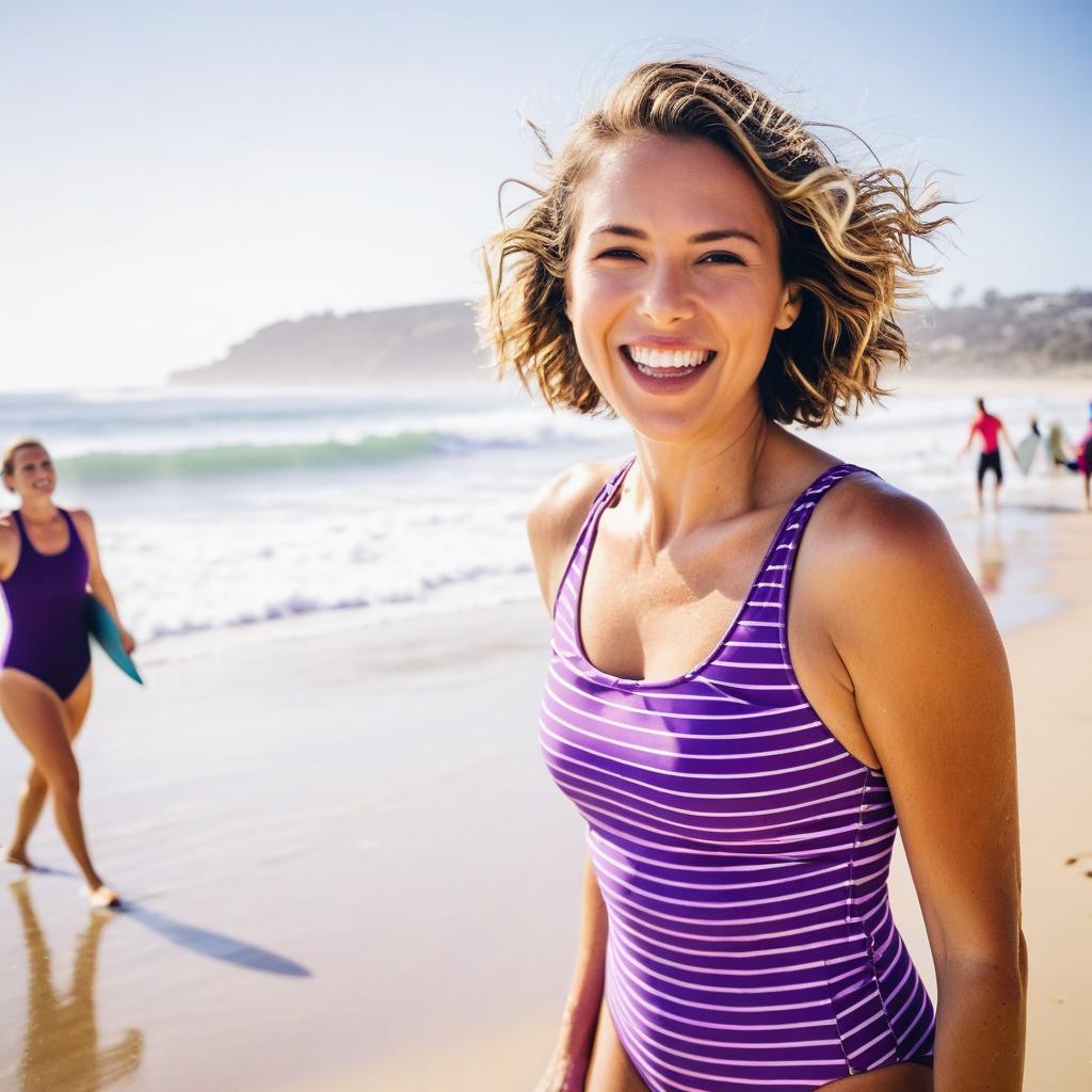 Smiling Woman in Purple Swimsuit on Sunny Beach