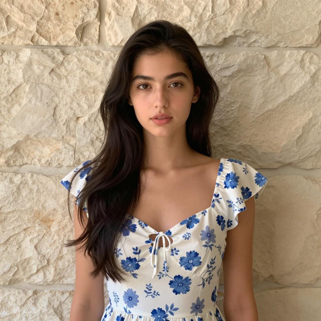 Young Woman in Blue Floral Dress Against Stone Wall - Gen Z Style