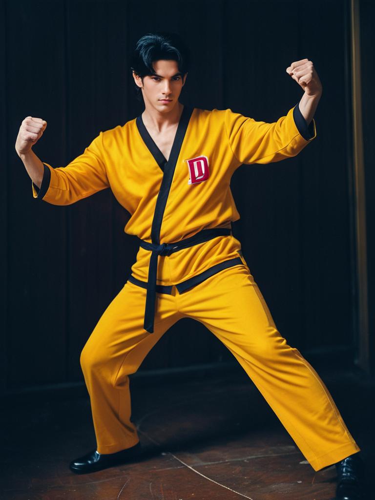 Man Cosplay Wearing Daniel LaRusso Yellow Martial Arts Costume in Fighting Pose