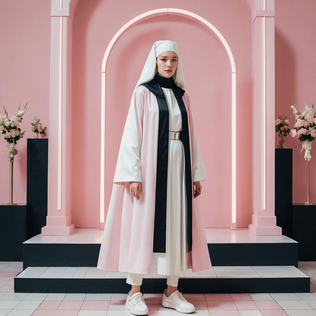 Modern Fashion Nun Style Woman in Pink Robe with Sneakers