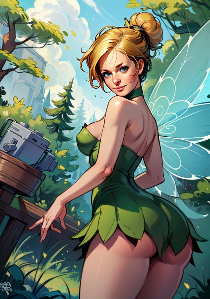 Digital Art of Confident Fairy Woman in Leafy Green Outfit with Wings in Forest