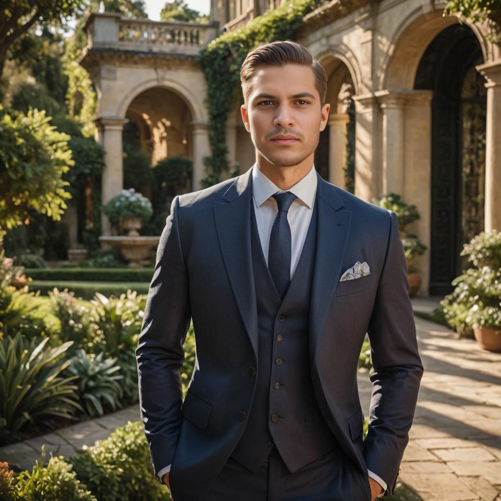 Stylish man in navy suit with historical building and greenery