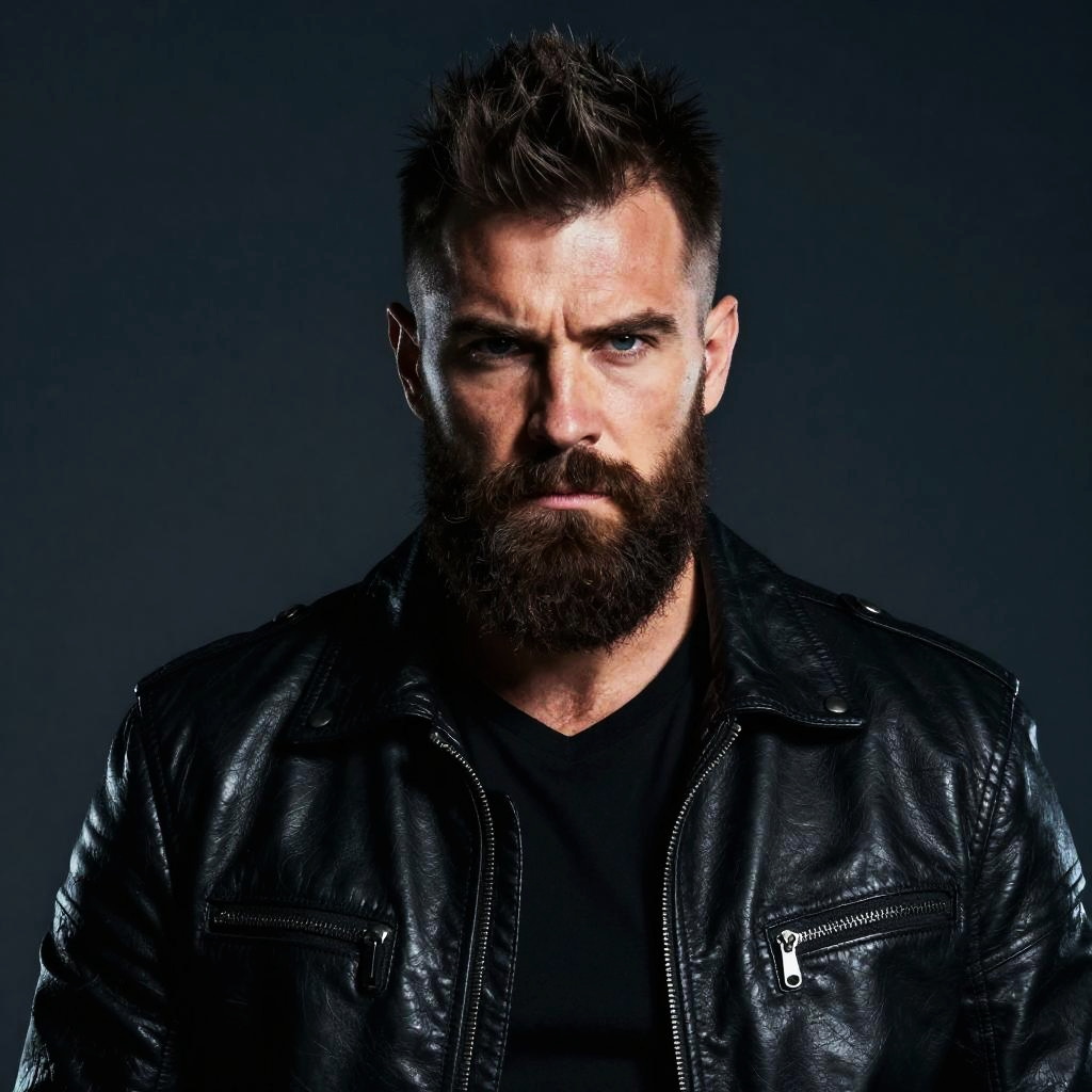 Bearded Man in Black Leather Jacket with Intense Expression