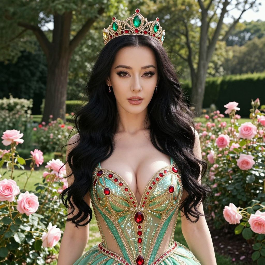 Elegant Woman in Jeweled Crown and Corset Dress in Rose Garden