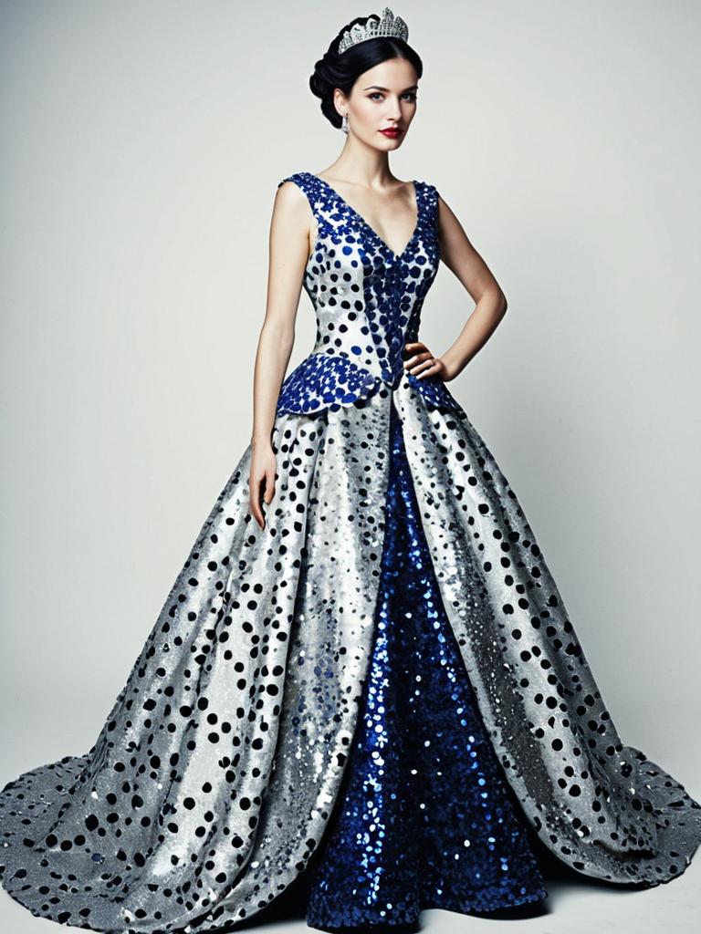 Elegant Blue and Silver Sequined Ball Gown with Polka Dots and Tiara Elegant Blue and Silver Sequined Ball Gown with Polka Dots and Tiara