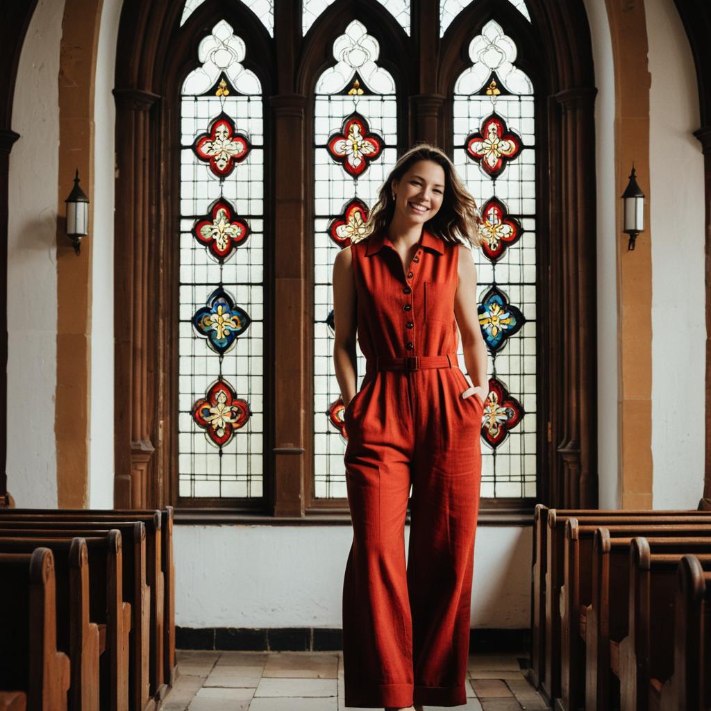 Woman in Red Jumpsuit in Church Aisle with Stained Glass