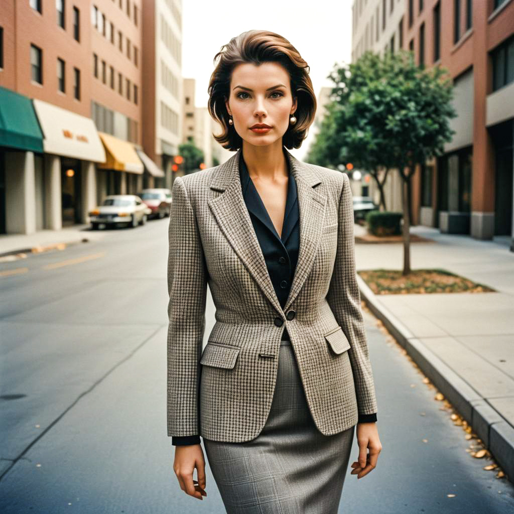 Confident Woman in Stylish Plaid Suit on City Street