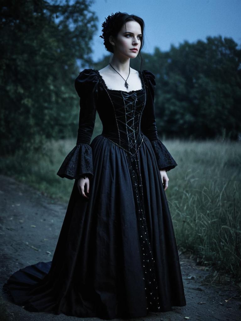 Woman in Gothic Gown Photorealistic Outdoor Portrait at Twilight