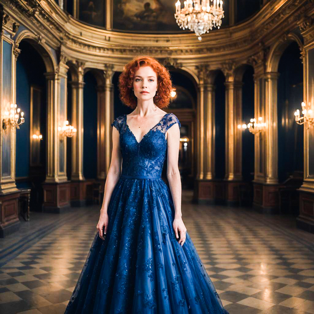 Elegant Woman in Blue Gown in Grand Hall