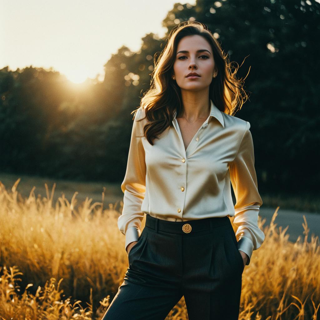 Confident Woman in Silk Blouse Standing in Golden Hour Field