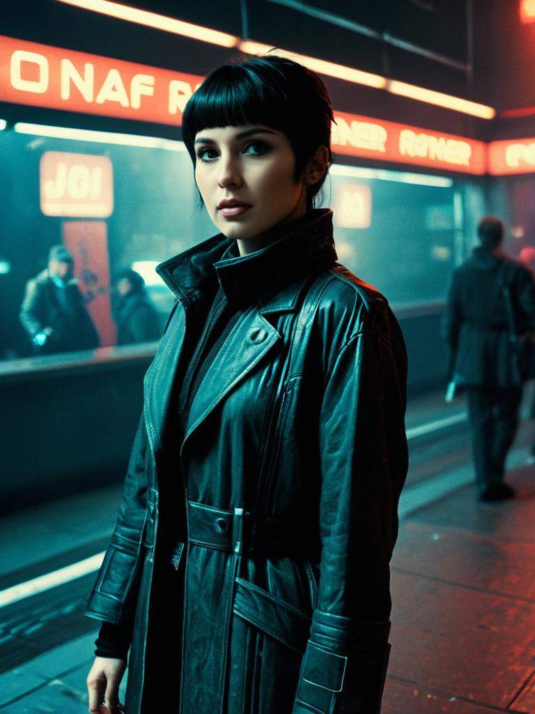 Blade Runner Joi Costume Woman in Black Leather Trench Coat Cyberpunk Style