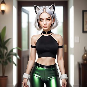 Stylish woman with silver hair and cat ears in modern setting